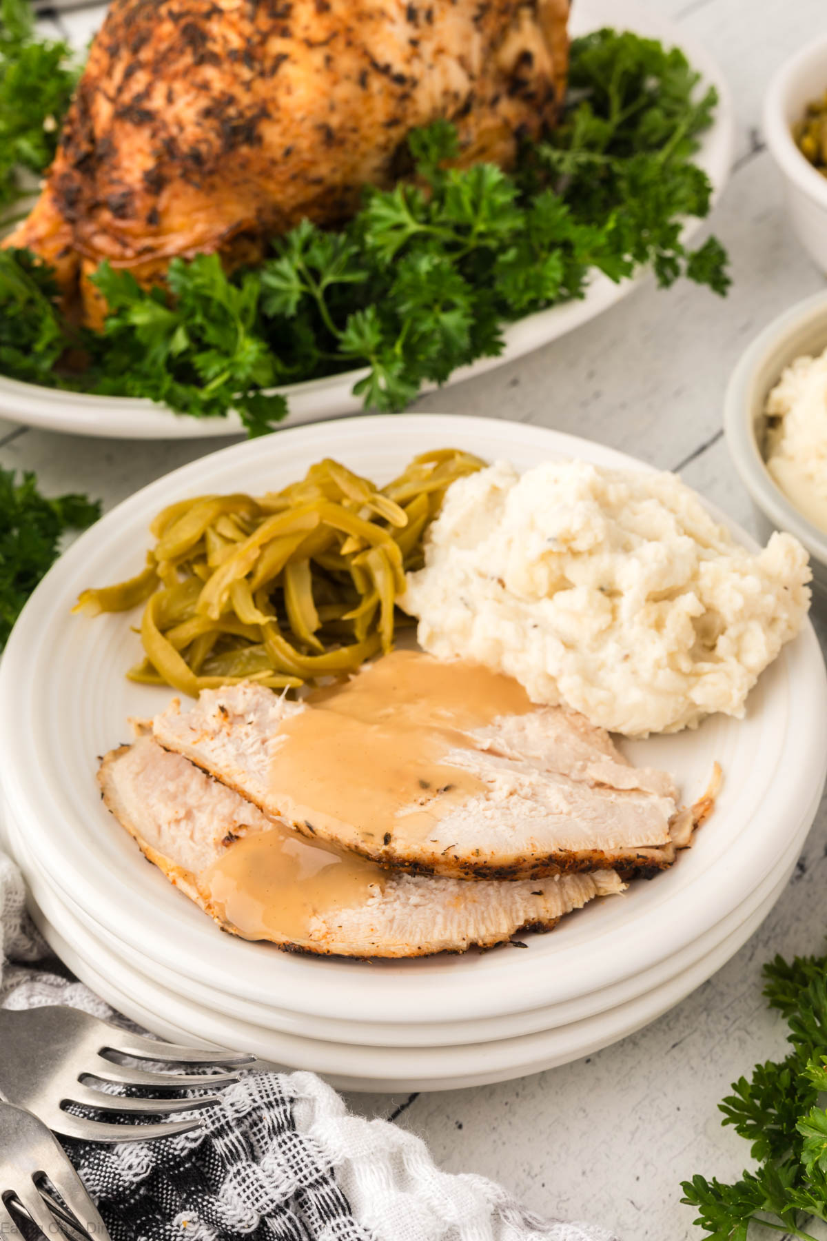 Slice turkey breast on a plate with green beans and mashed potatoes