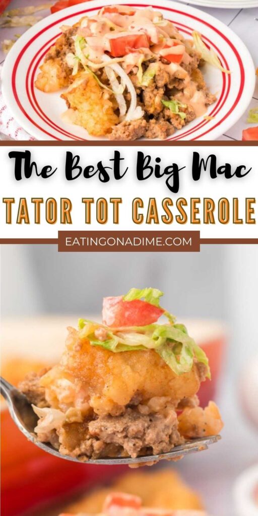 Big Mac Tater Tot Casserole is kid friendly and loaded with flavor. This cheesy burger casserole is the perfect weeknight meal. You can easily top this casserole with your favorite burger toppings. Then add a side of French fries for a complete meal idea. My kids request this casserole weekly and I can see why. This is an easy dinner recipe. #eatingoandime #bigmactatortotcasserole #tatortotcassesrole
