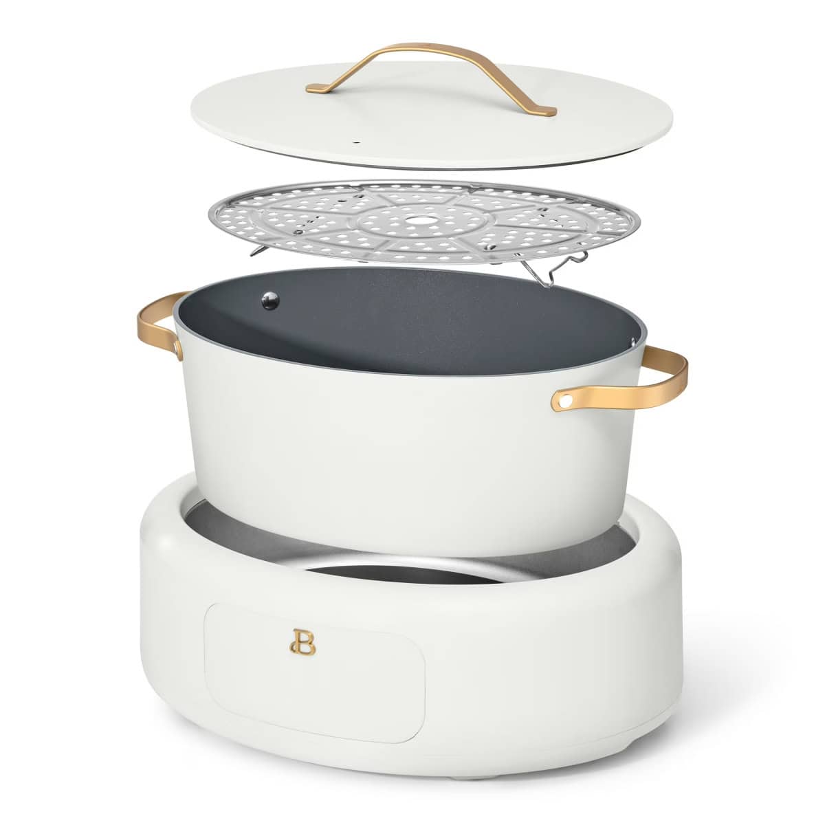 Image of a crock pot showing steamer tray and the lid that goes on top.