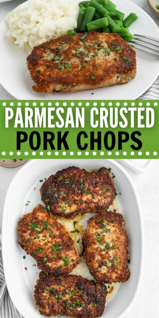 If you are looking for the best and perfectly juicy pork chops, make Parmesan Crusted Pork Chops. They are flavorful and easy to make. We love cooking pork chops. They really make an easy dinner idea. They are easy to cook rather you are grilling them, baking or putting them in your crockpot. Add your favorite side dishes for a complete meal idea. #eatingonadime #parmesancrustedporkchops #porkchops