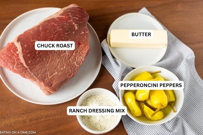 This Mississippi Pot Roast Recipe is so simple and delicious! This crock pot Mississippi Pot Roast recipes ie easy and low carb! You are going to love this original Italian Slow Cooker Mississippi Roast - it is the best and is healthy too! #eatingonadime #crockpotrecipes #slowcookerrecipes #easyrecipes Ingredients for recipe: chuck roast, butter, pepperoncini peppers and ranch dressing mix.