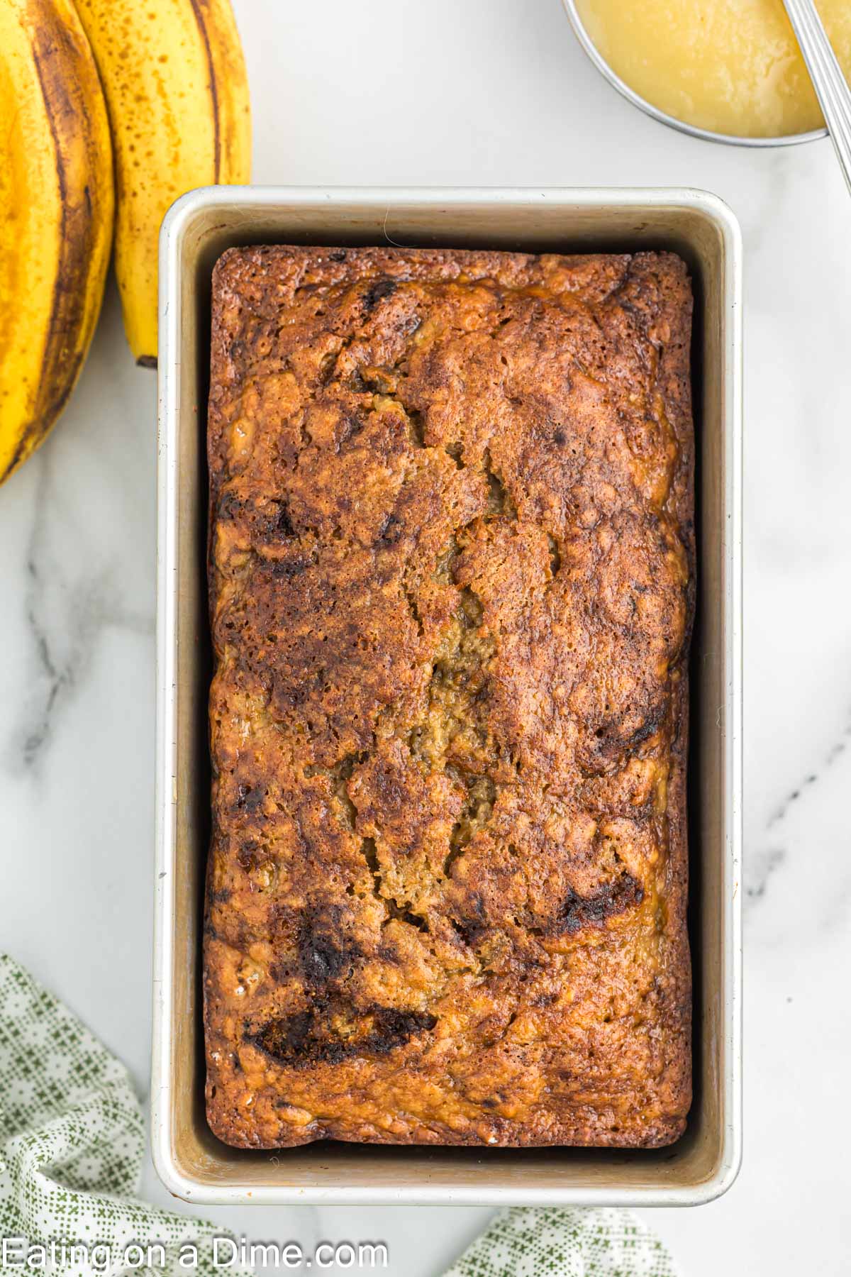 Banana Bread with applesauce in a loaf pan