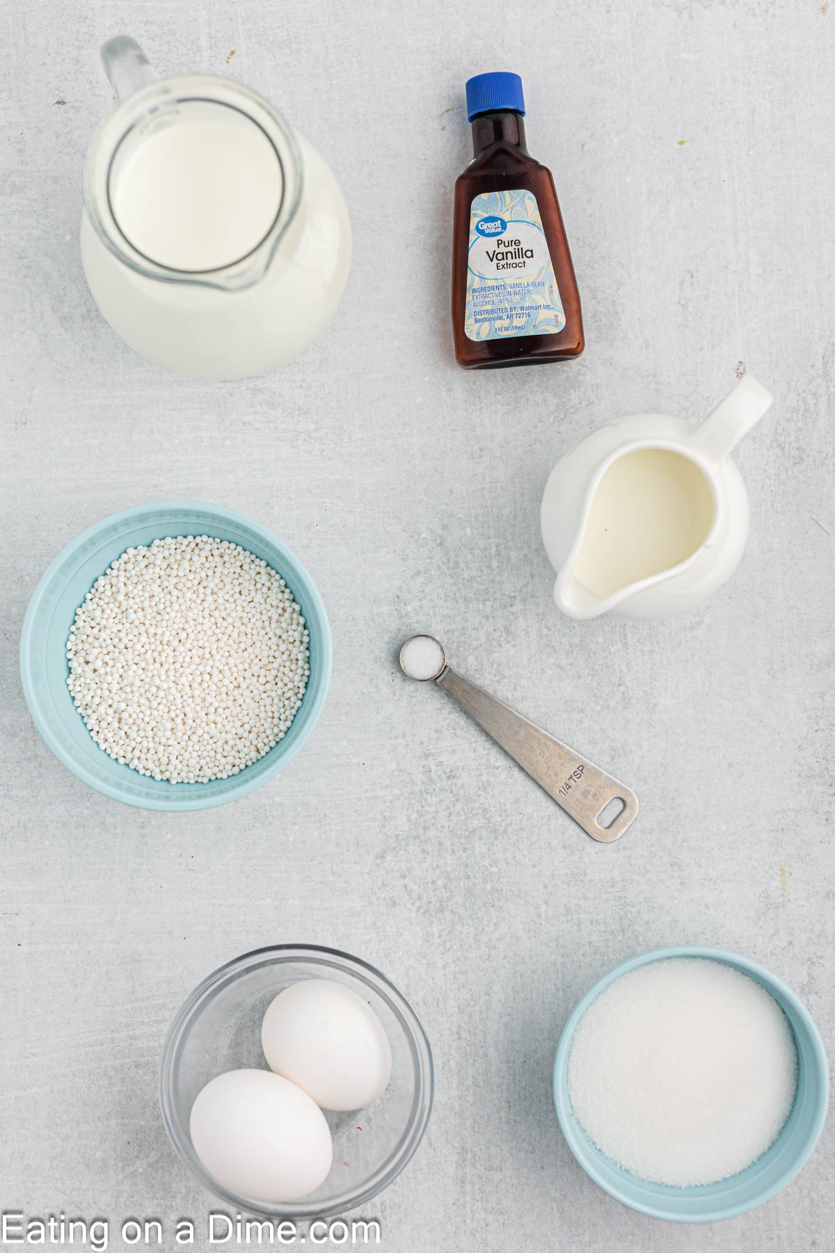 Ingredients needed for Tapioca Pudding - Tapioca Pearls, water, milk, half and half, salt, eggs, sugar, vanilla extract