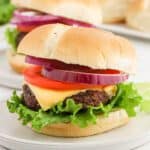 A cheeseburger with lettuce, tomato, red onion, a slice of cheese, and a beef patty in a soft bun—our baked hamburgers are served freshly on a white plate.