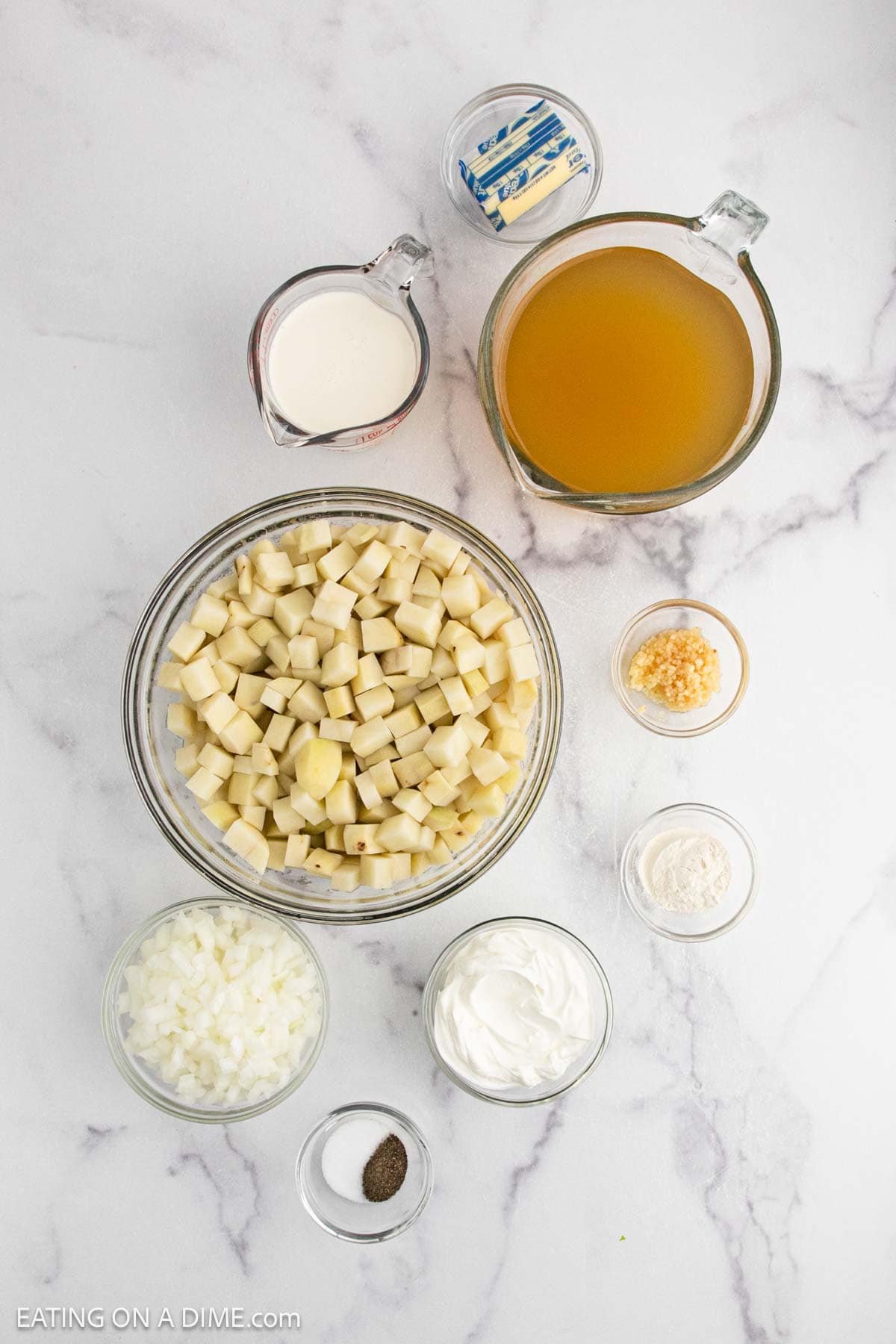 Ingredients - dice potatoes, onion, chicken broth, butter, garlic, salt, pepper, heavy cream, sour cream, xanthan gum