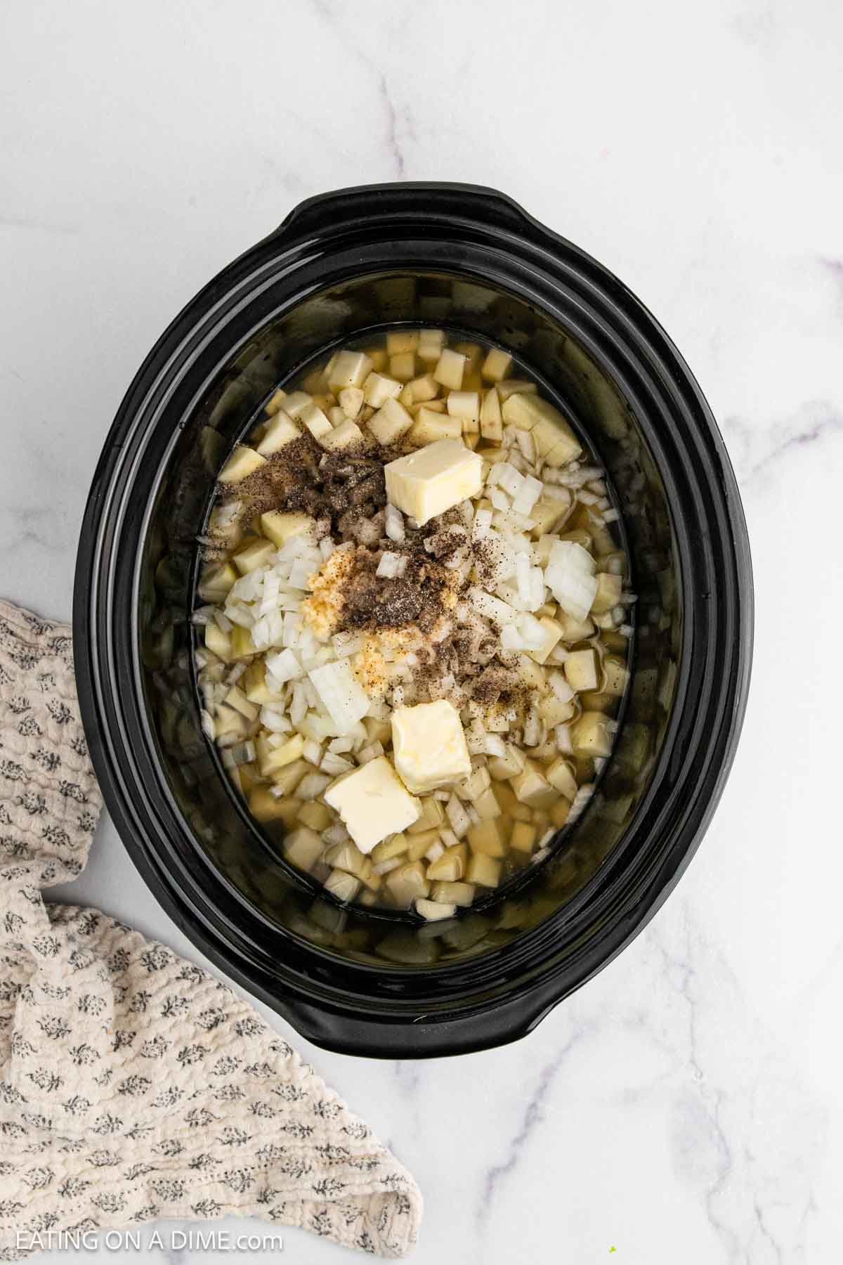 Add the potato soup ingredients in the slow cooker