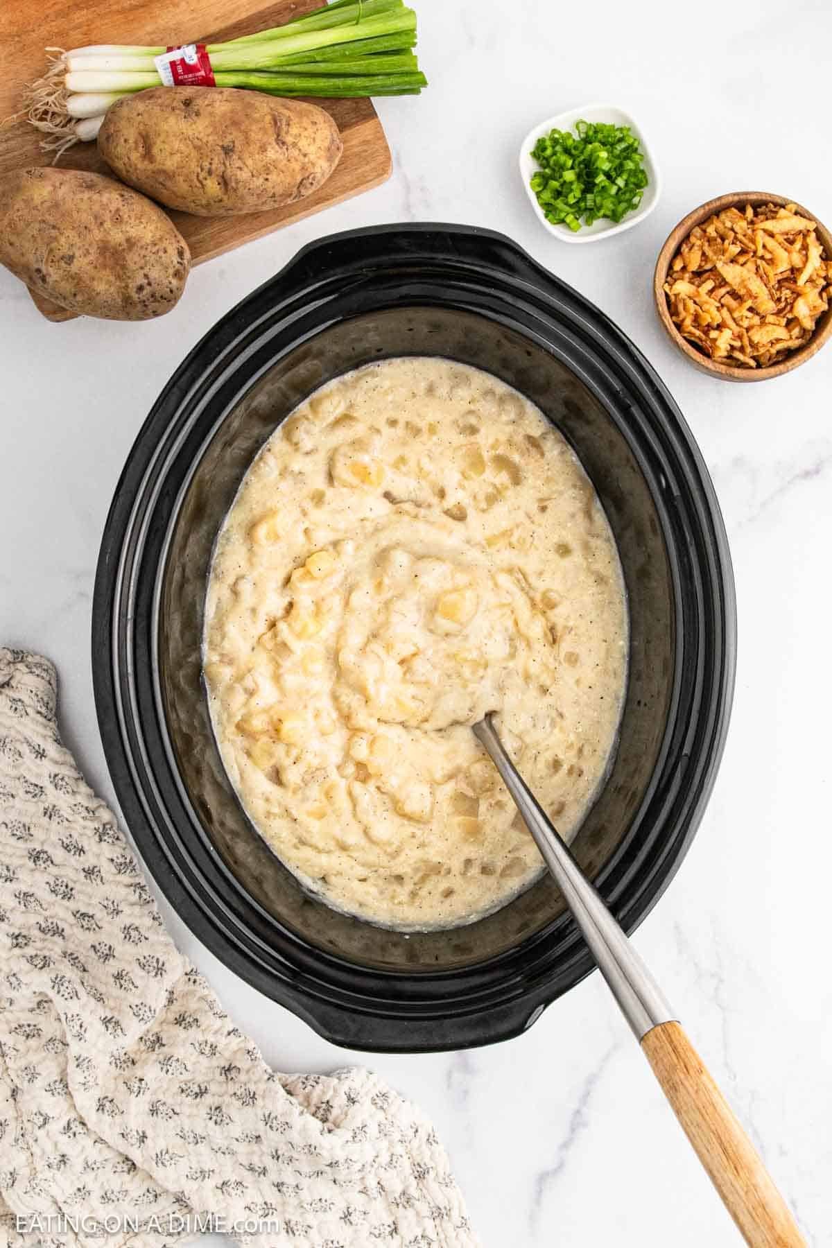 Potato Soup mixed together in the slow cooker