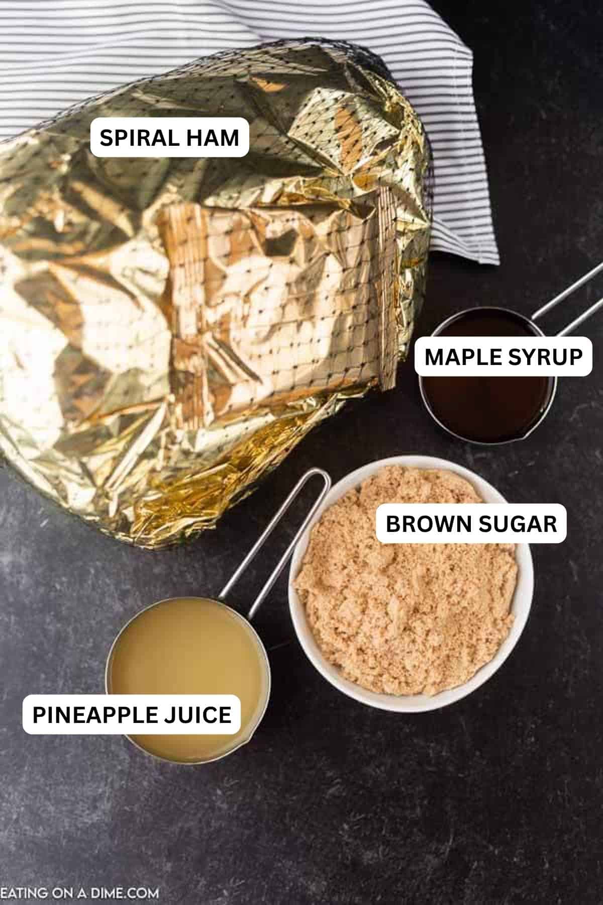 Ingredients for recipe - ham, maple syrup, brown sugar, pineapple juice. 