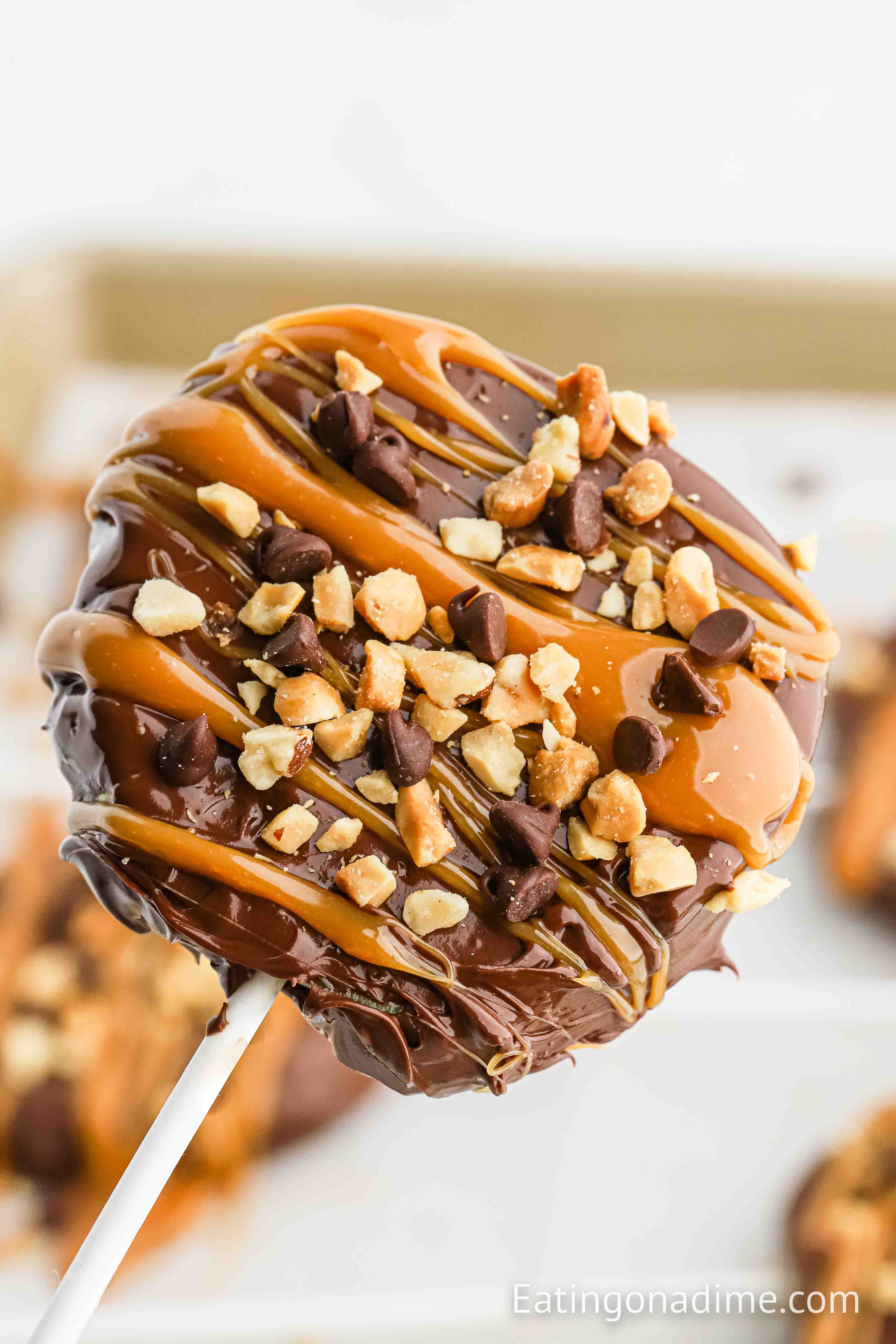 Apple slice on a stick drizzled with caramel and topped with chopped nuts and chocolate chips
