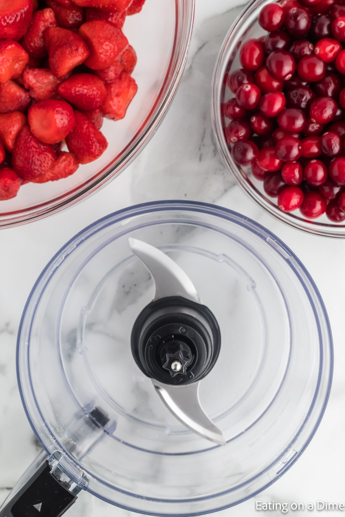 Food processor with bowls of cranberries and strawberries