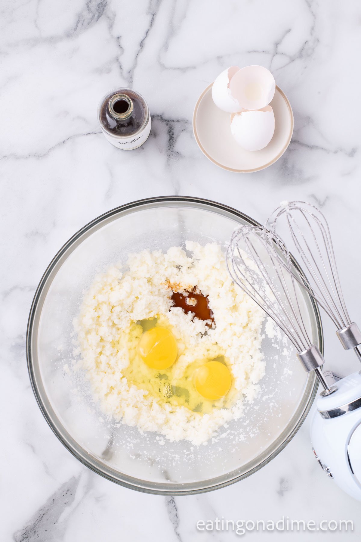 Mixing bowl with butter and eggs. 