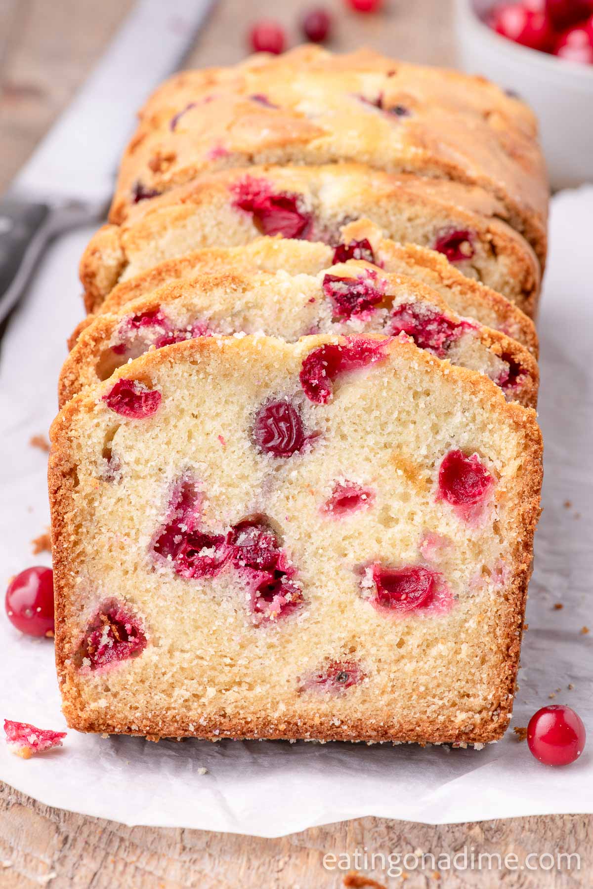 Slices of cranberry bread ready to serve. 