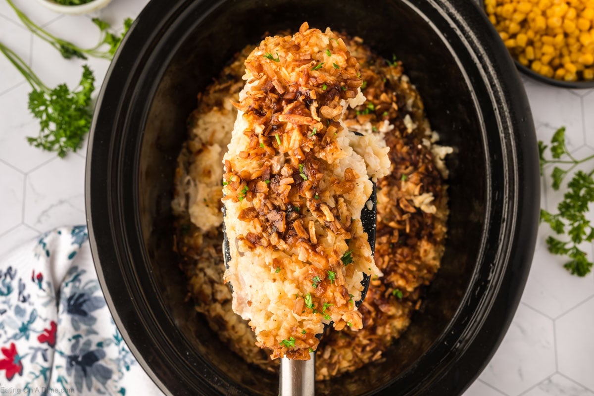 A serving of no peek chicken and rice on a spatula