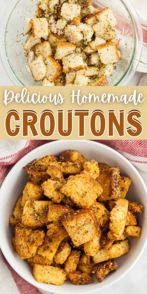 Learn how to make homemade croutons in minutes. These are much tastier than anything store bought! Tasty toppings for soups and salads. Try any bread that you like and any seasonings you have on hand.  This is my particular favorite flavor combo because Italian croutons are what I always buy anyway. Make these easy croutons from scratch. #eatingonadime #homemadecroutons #croutonrecipe