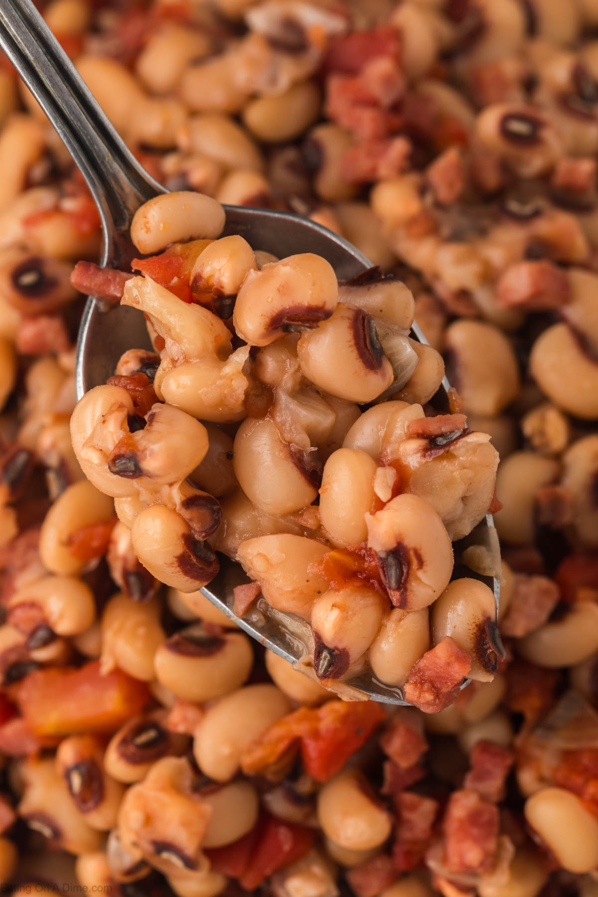 Close up image of black eyed peas with a bite on a spoon