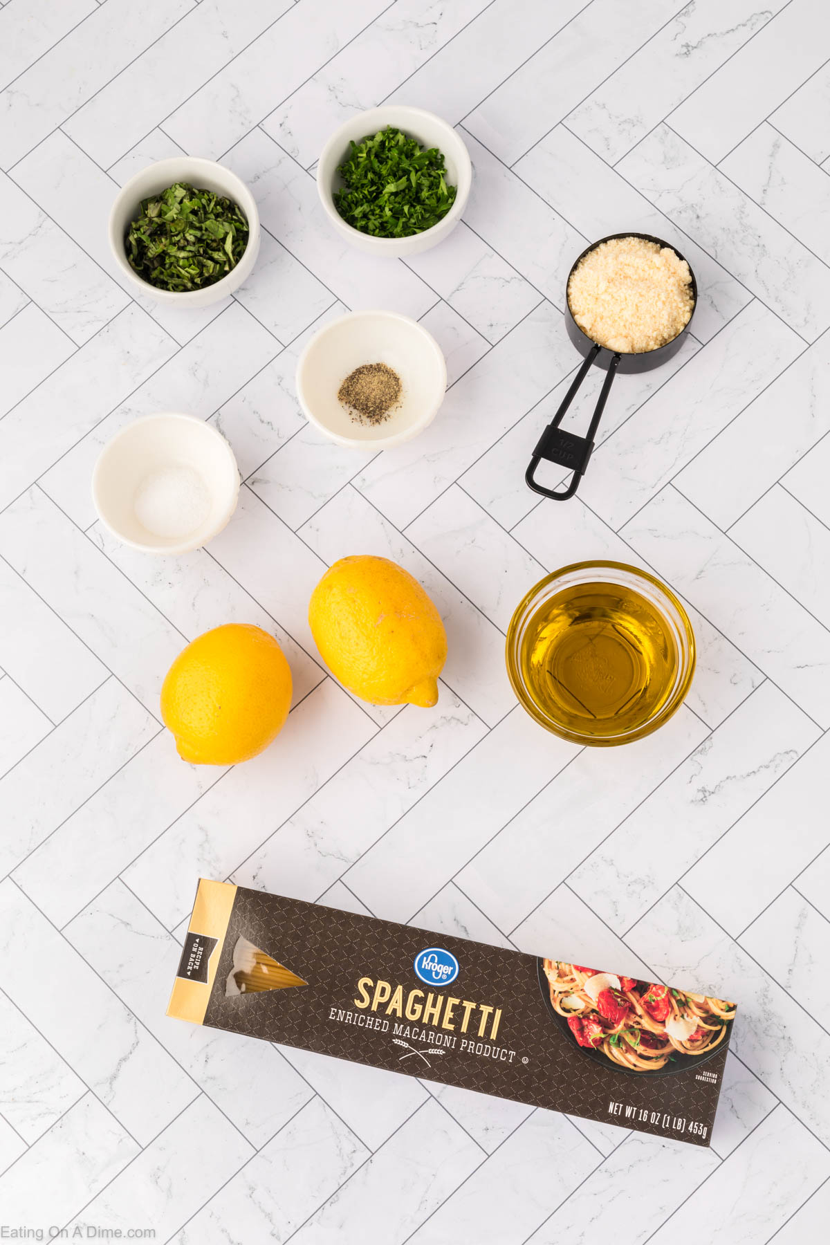Lemon Spaghetti Ingredients - spaghetti noodles, lemons, olive oil, salt, pepper, parmesan cheese, fresh basil, fresh parsley