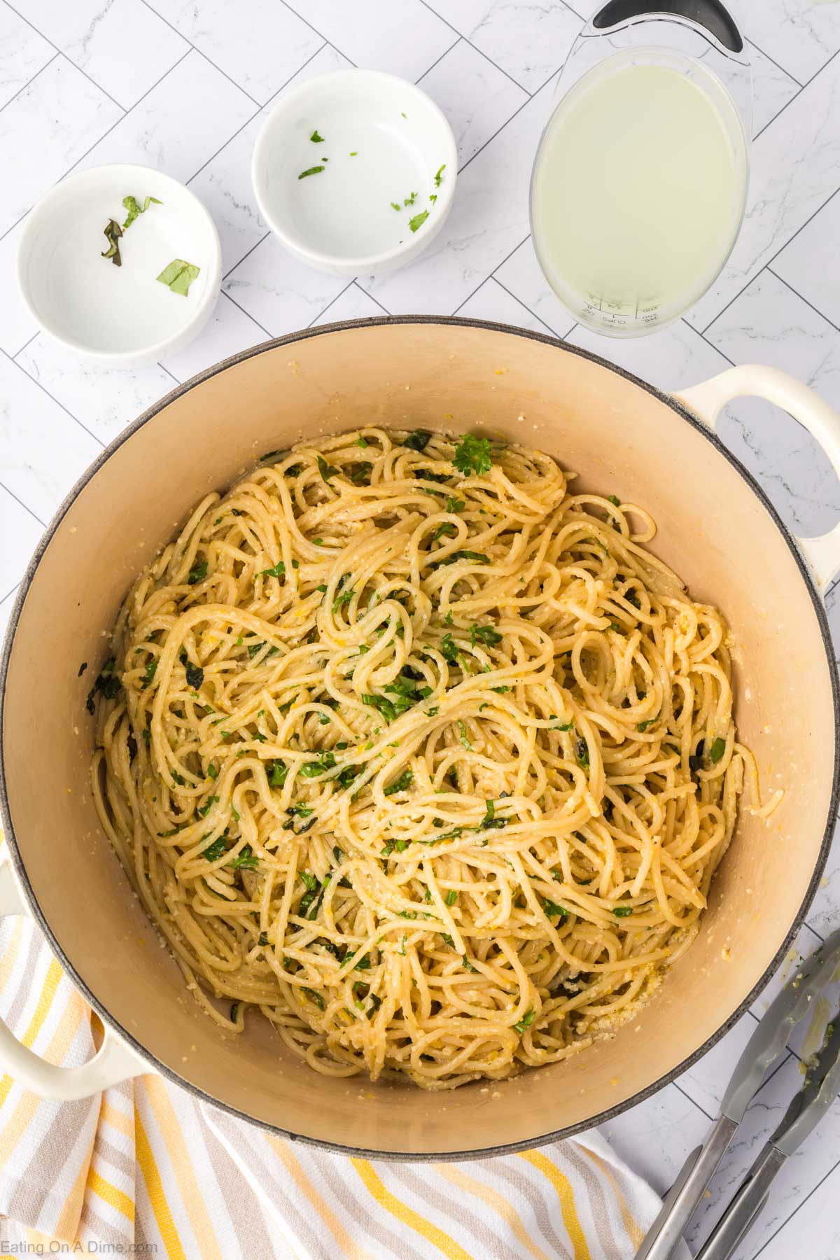 Tossed spaghetti with the lemon mixture and fresh herbs