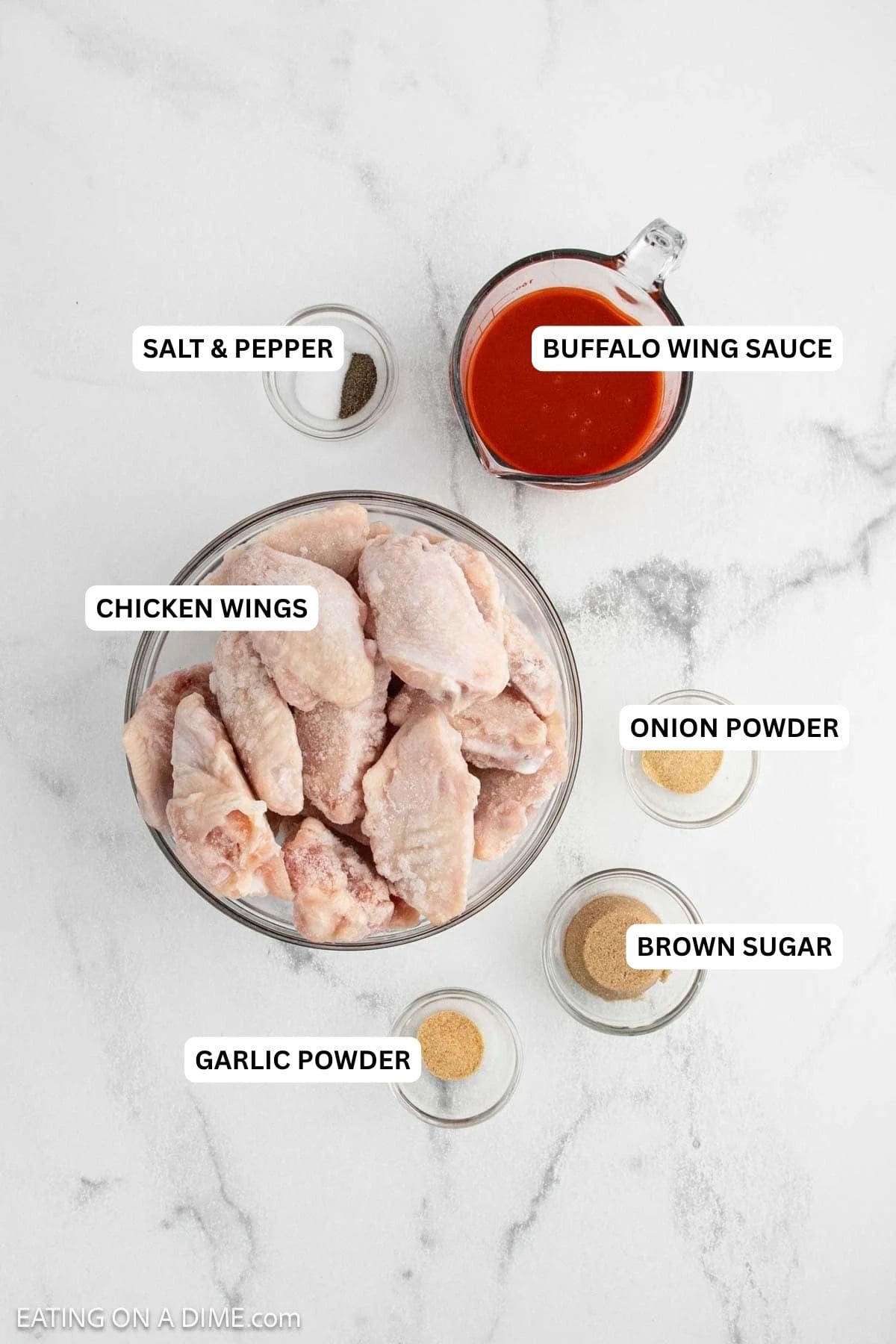 Ingredients for recipe: garlic powder, brown sugar, chicken wings, onion powder, garlic powder, salt and pepper.