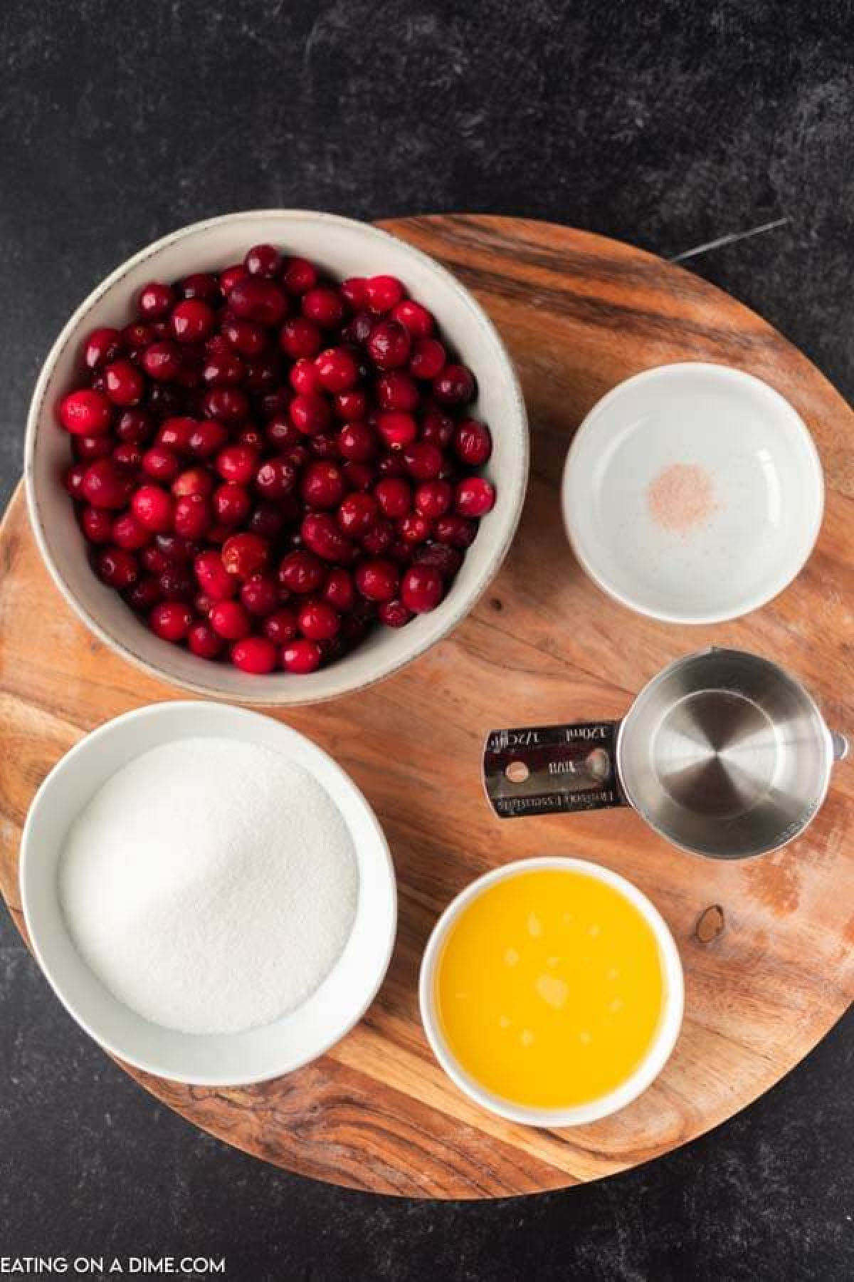 ingredients for recipe: cranberries, sugar, salt, orange juice, water