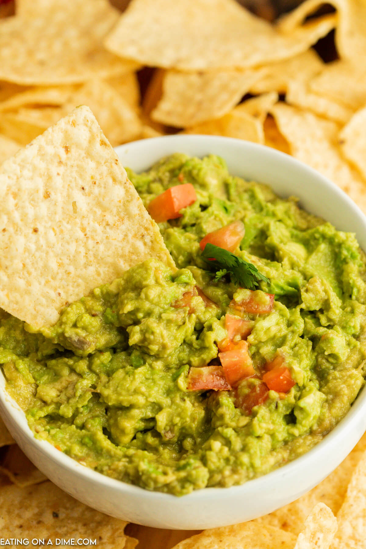 Guacamole in a bowl with a tortilla chips dipping in the bowl of guacamole