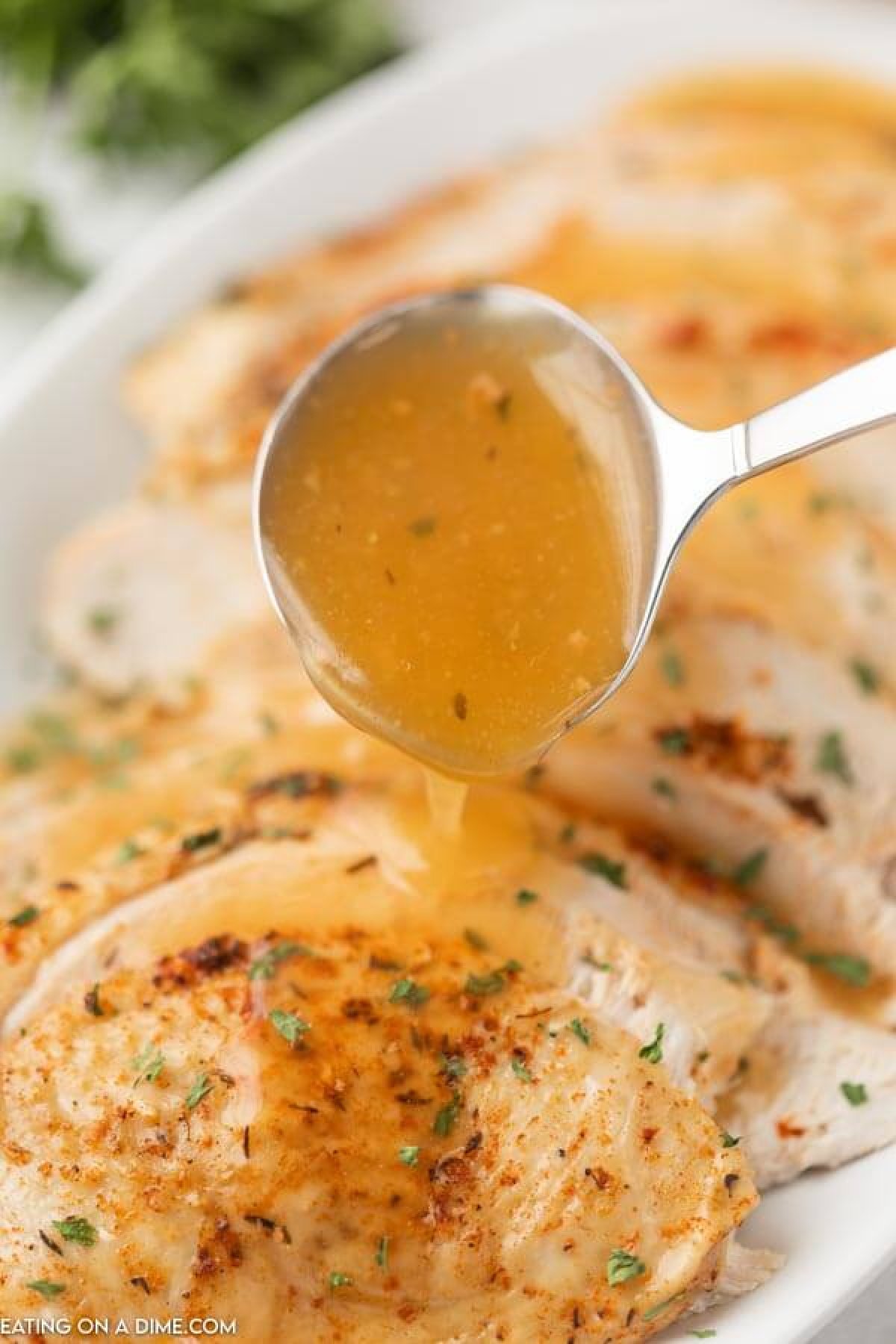 sliced turkey breast with gravy being poured on