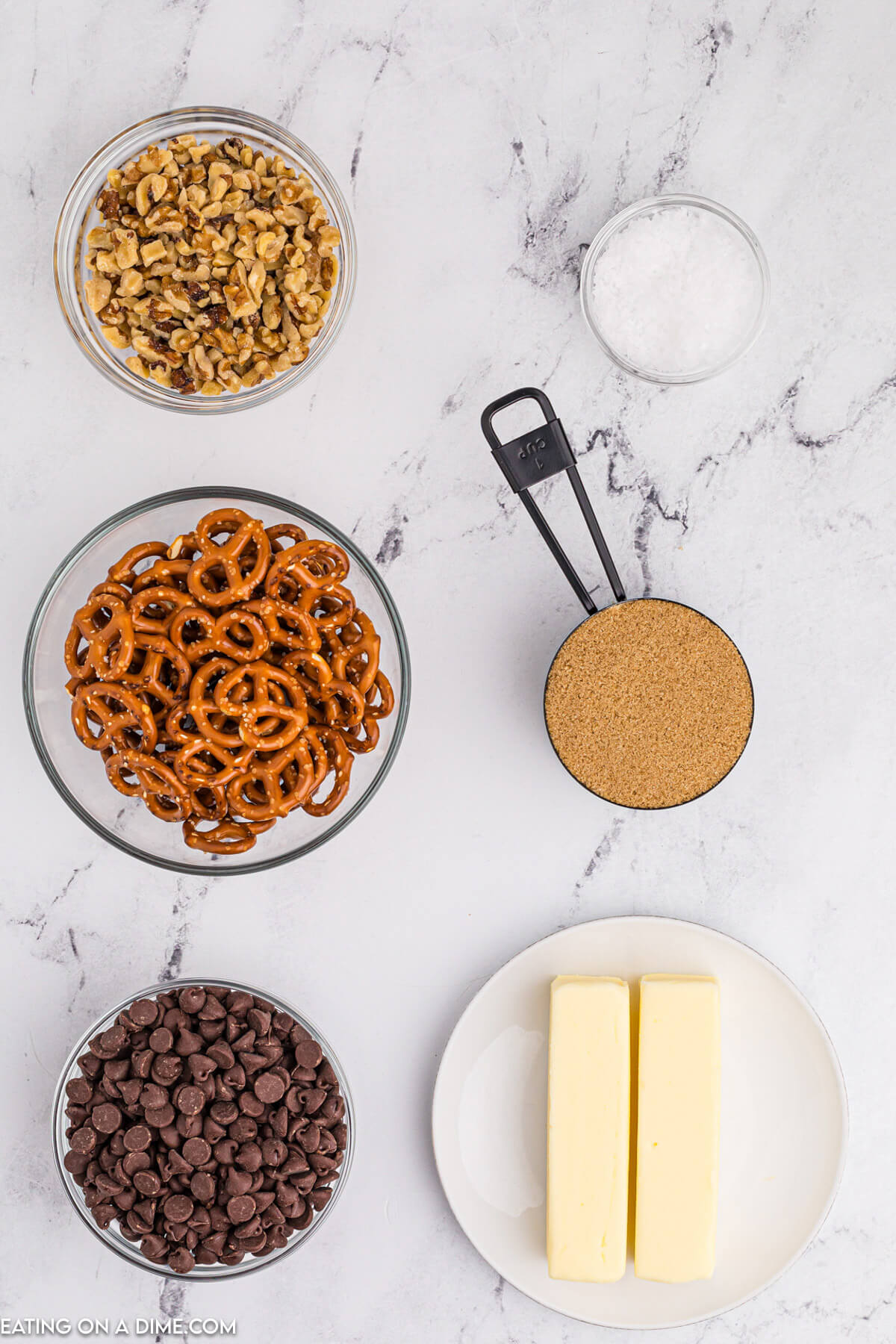 Pretzel Toffee Ingredients - Mini Pretzels, butter, brown sugar, chocolate chips, walnuts, sea salt