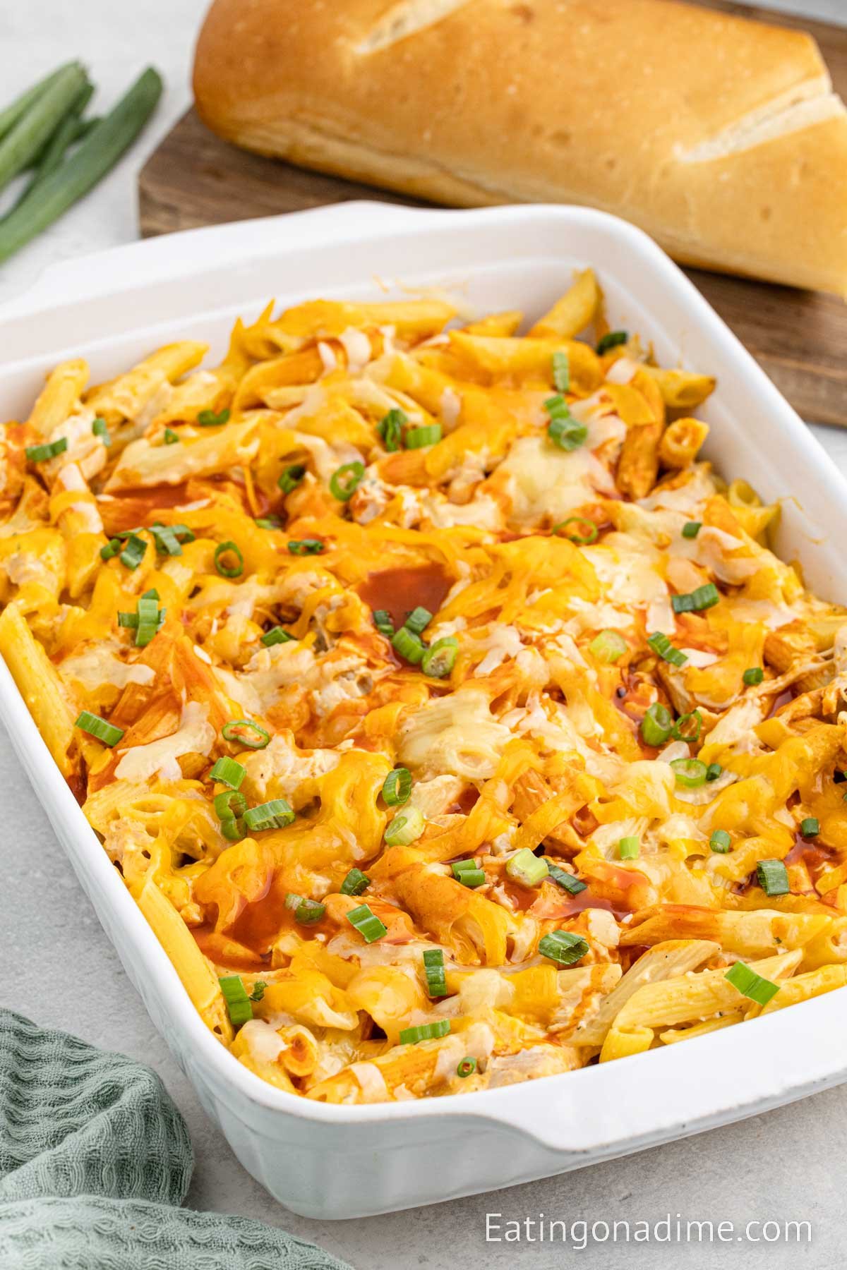 Buffalo Chicken Pasta Bake in a casserole dish