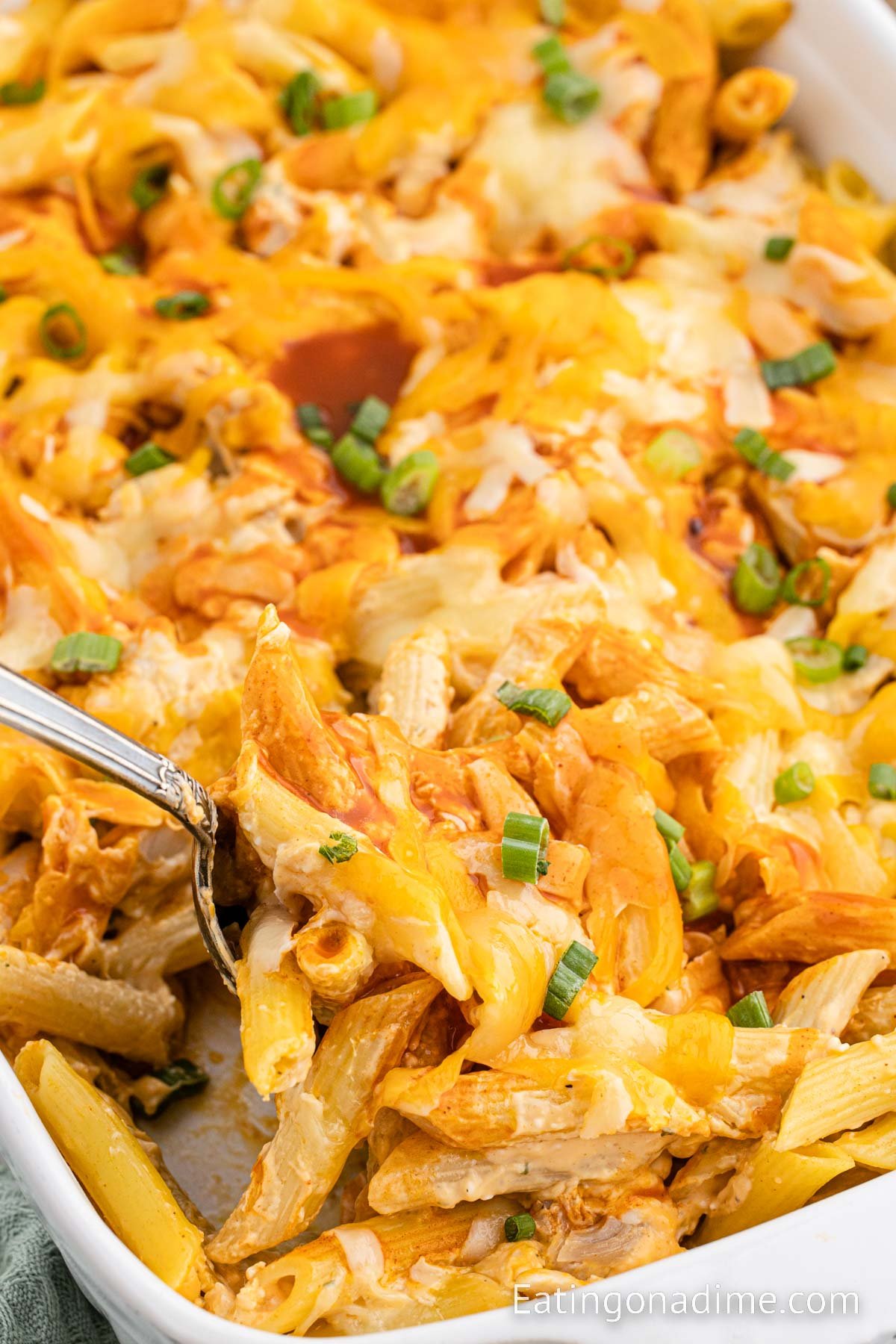 Buffalo chicken pasta bake in the casserole dish