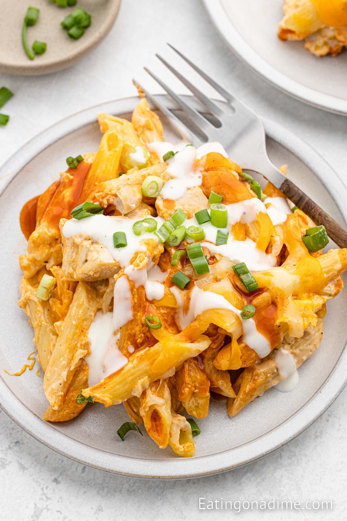Buffalo Chicken Pasta serving on a plate