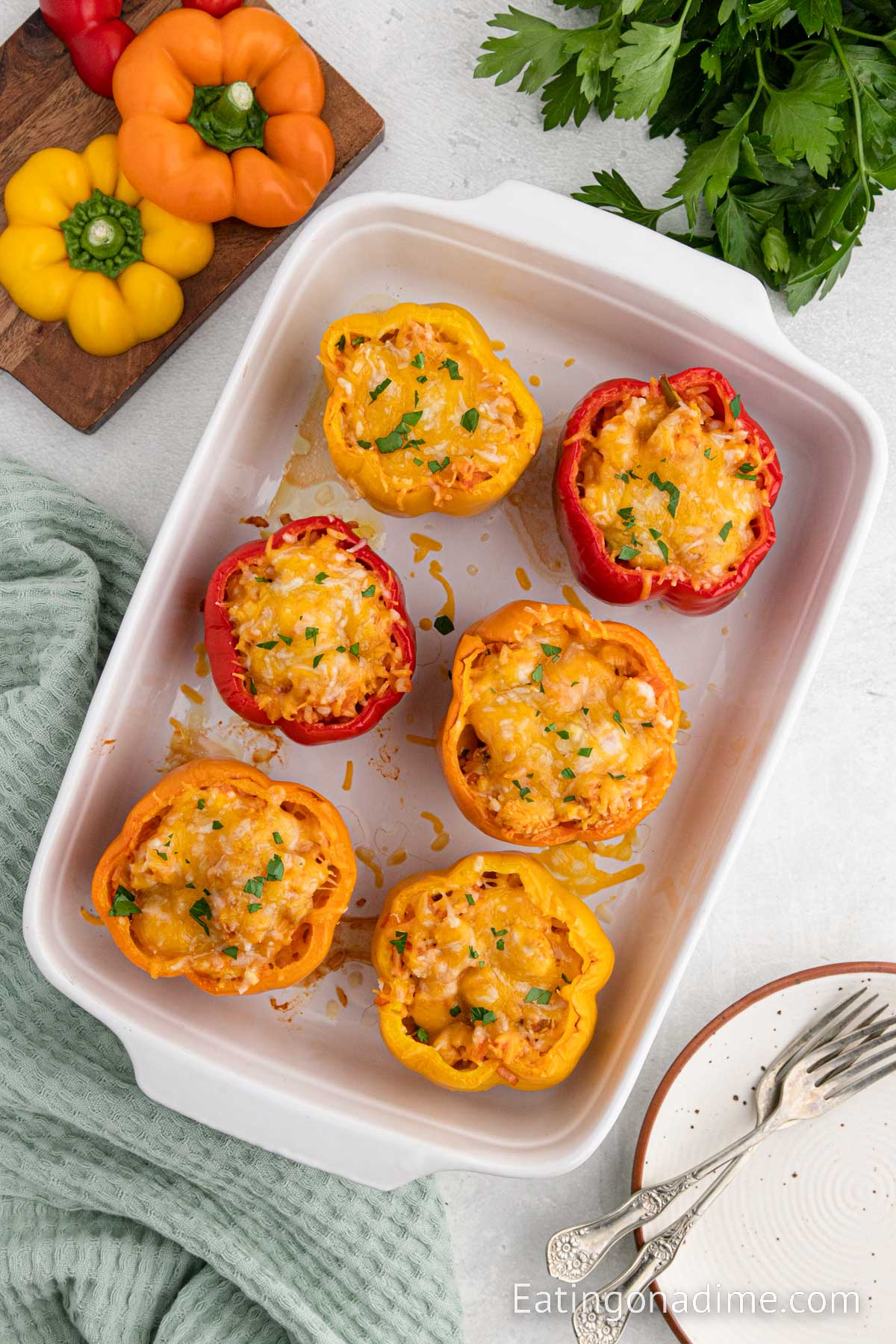 Chicken Stuffed Peppers in a baking dish