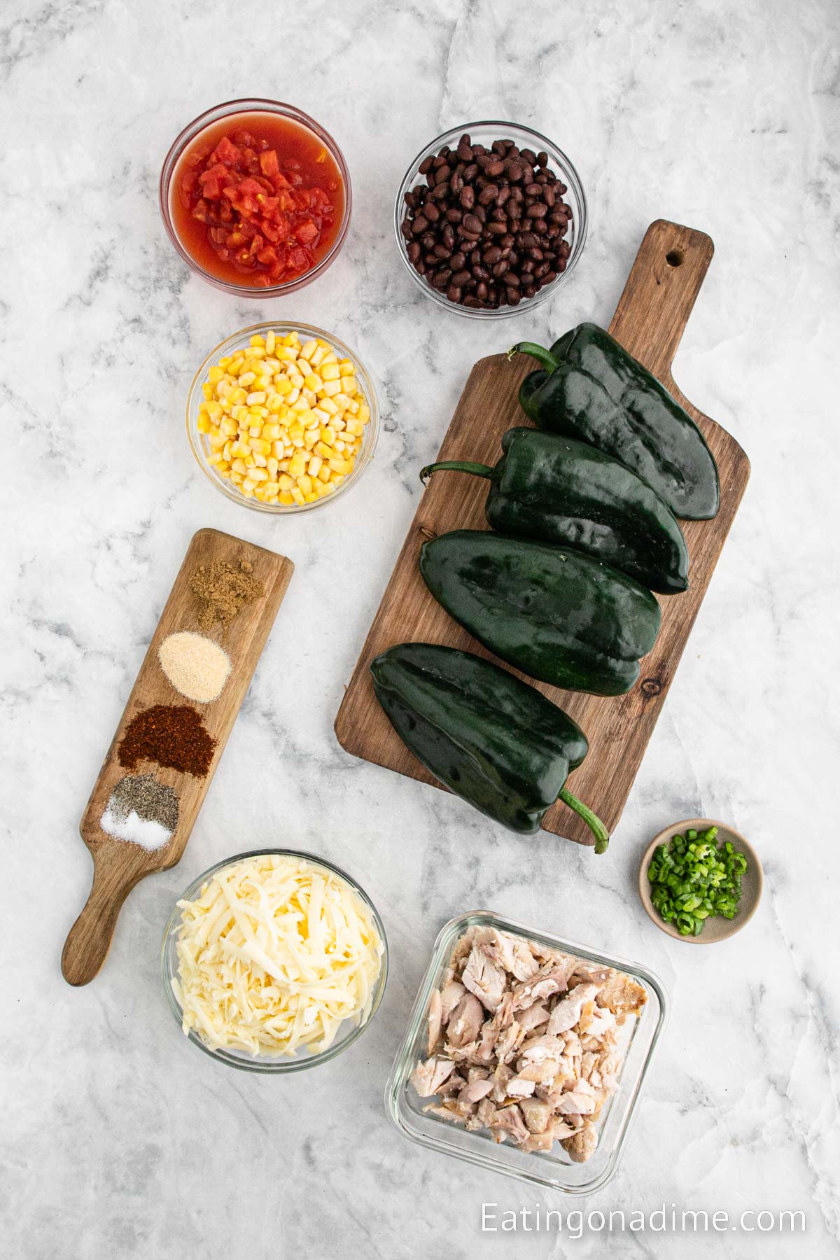 Chicken Stuffed Poblano Peppers ingredients - poblano peppers, chicken, cheese, green onions, black beans, diced tomatoes, corn, garlic powder, chili powder, cumin, salt, pepper