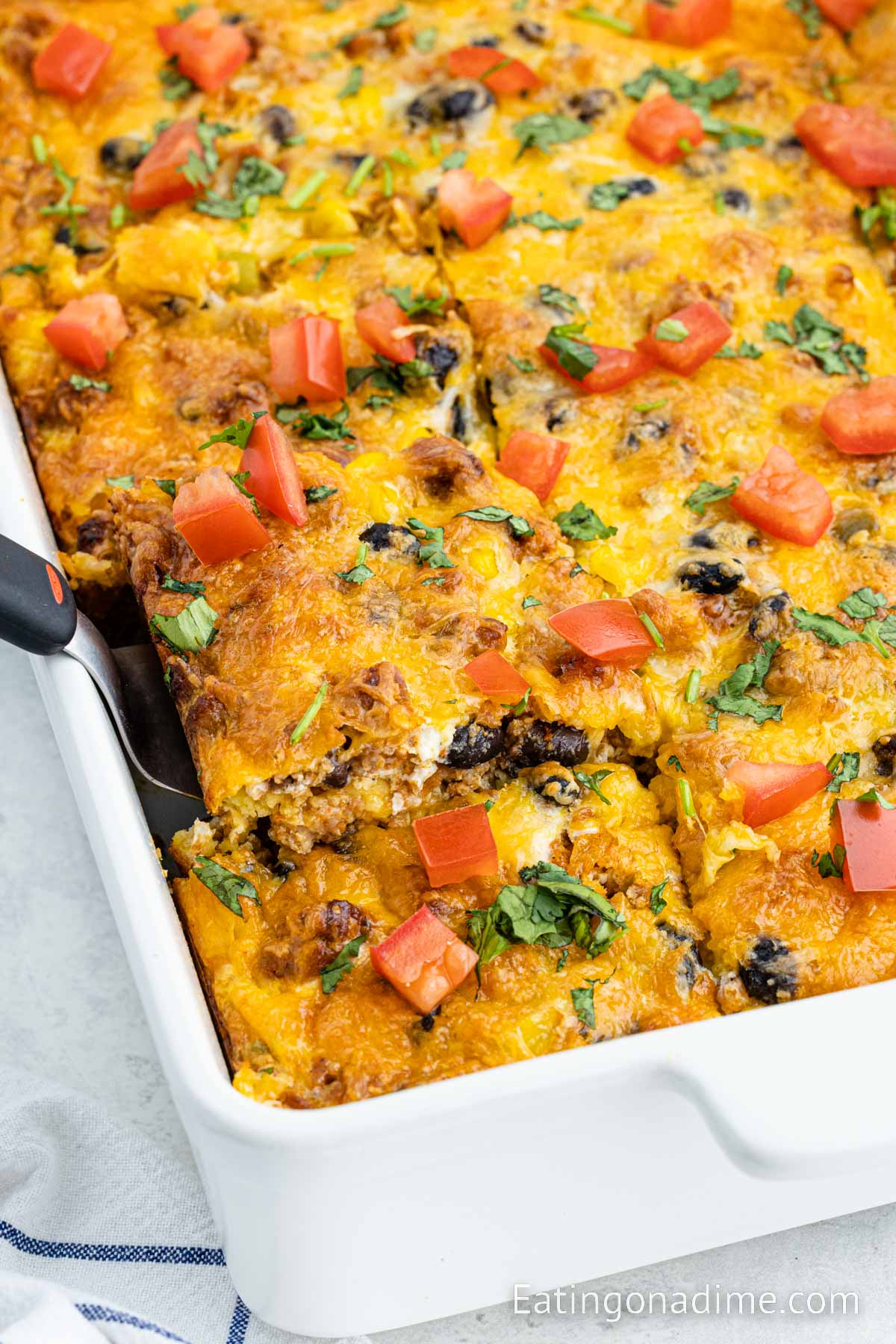 Close up image of Mexican Breakfast Casserole in a baking dish