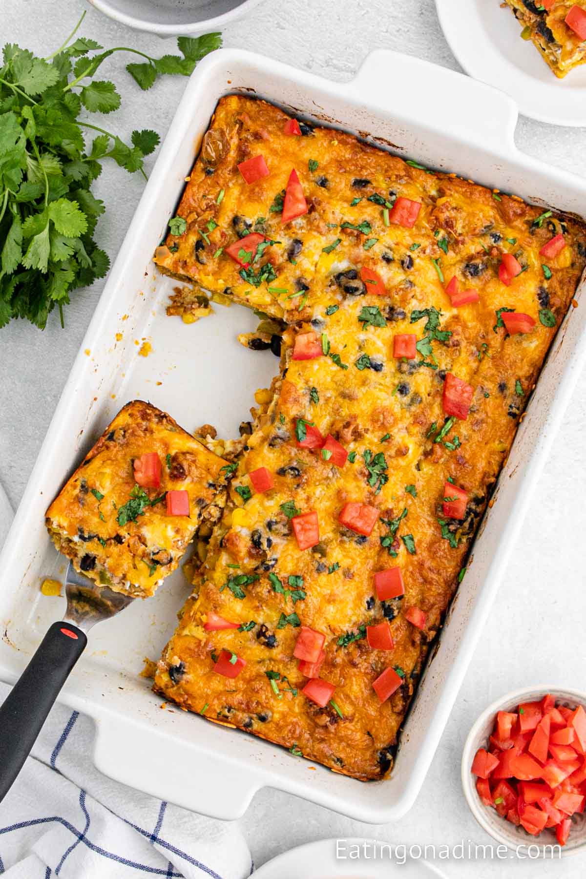 Close up image of breakfast casserole in a baking dish