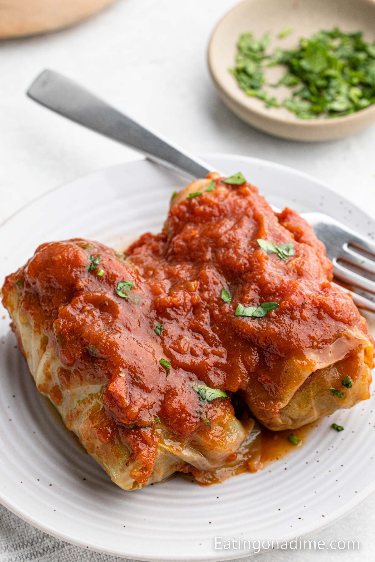 Cabbage Rolls on a plate topped with sauce