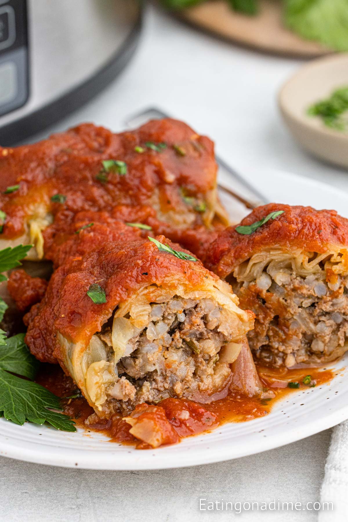 Cabbage Rolls on a plate topped with sauce