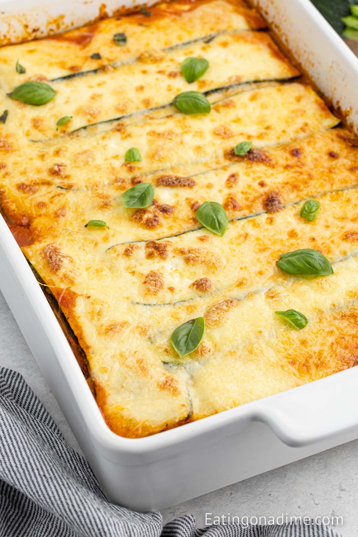 Close up image of Zucchini Lasagna in a baking dish