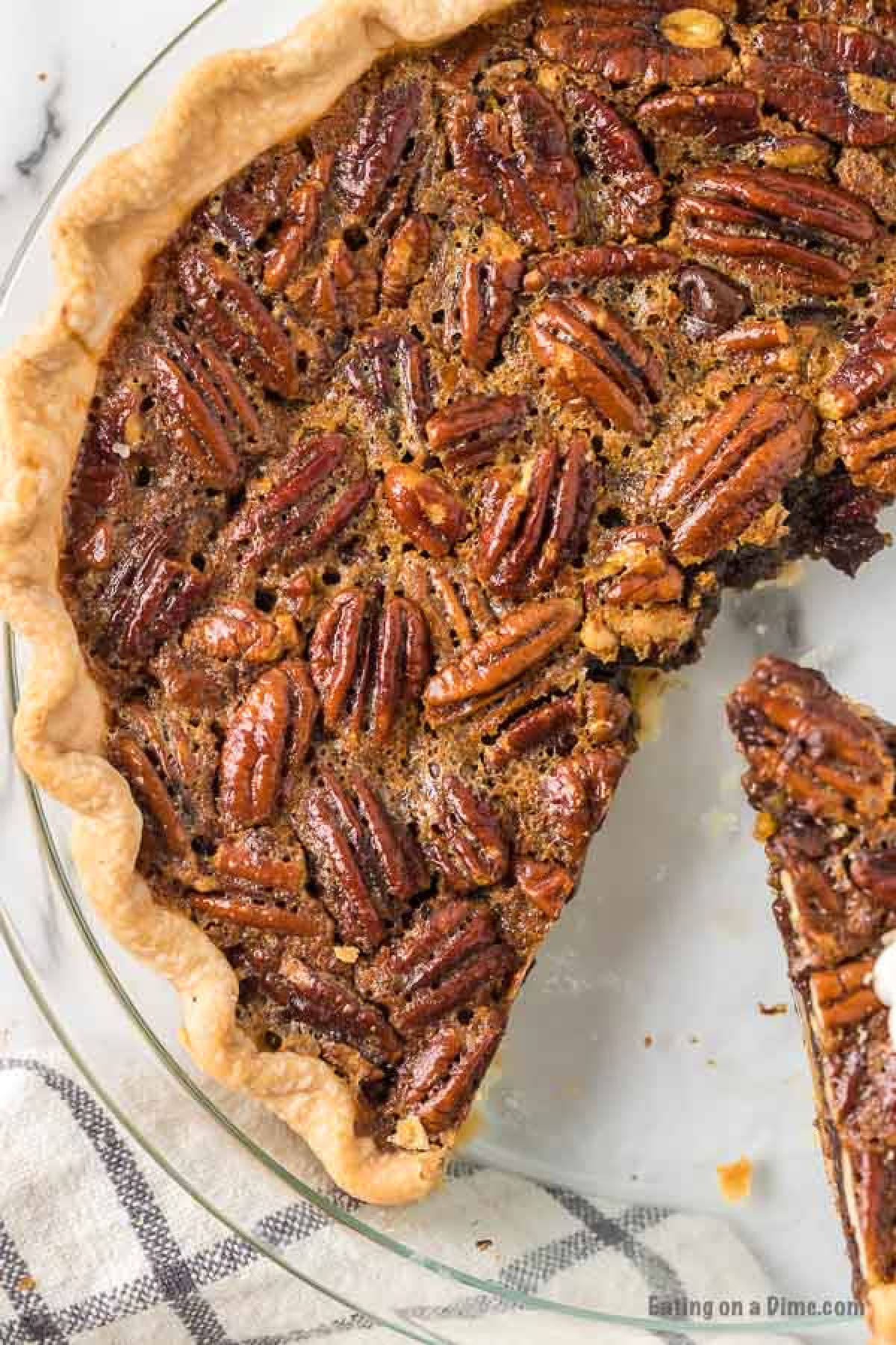 Close up image of Chocolate Pecan Pie in a pie pan. 