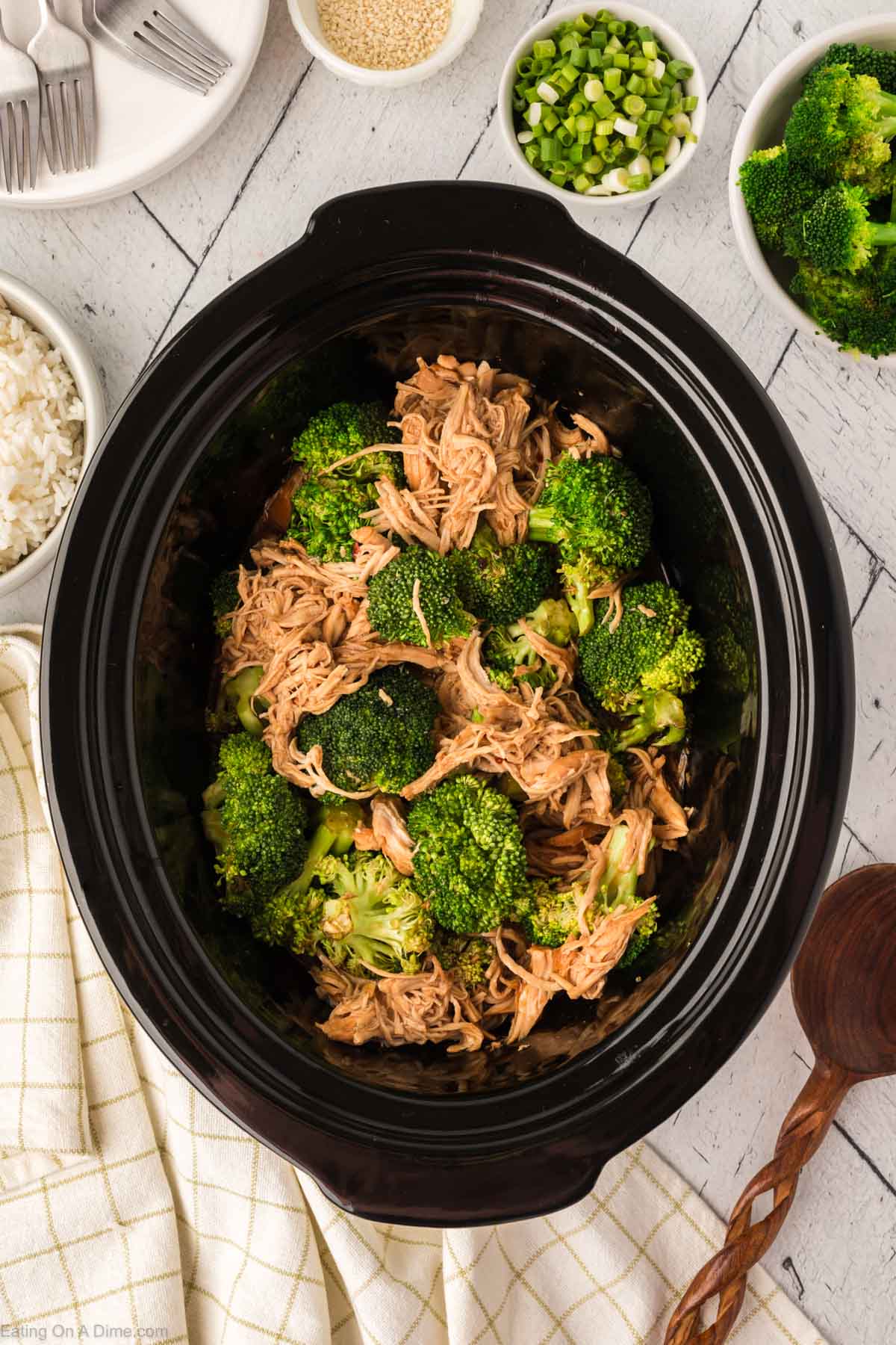 Cooked chicken and broccoli in the slow cooker