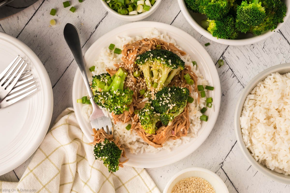 Broccoli and shredded chicken on white rice on a plate