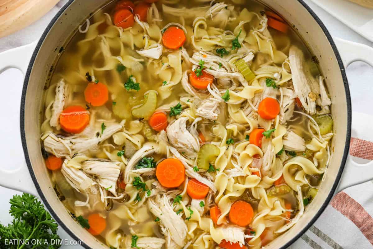 Chicken Noodle soup in a large pot.