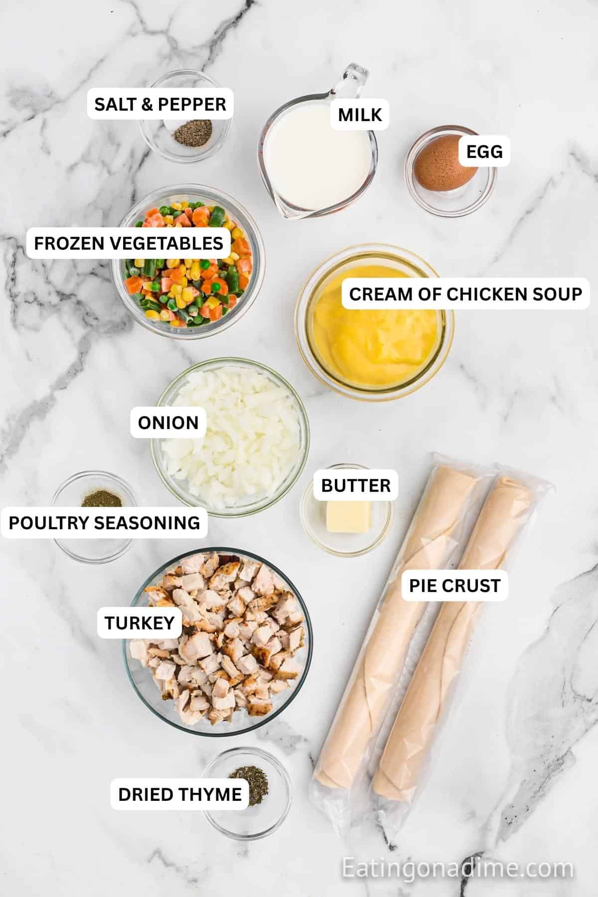 Ingredients for recipe: pie crust, dried thyme, turkey, butter, poultry seasoning, onion, cream of chicken soup, frozen vegetables, salt, pepper, milk and egg.