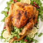 A beautifully roasted turkey displayed on a white platter, garnished with fresh green herbs, lemon slices, and cranberries. With golden-brown, crispy skin and stuffed with fresh parsley, this is the perfect example of how to roast a turkey to perfection.