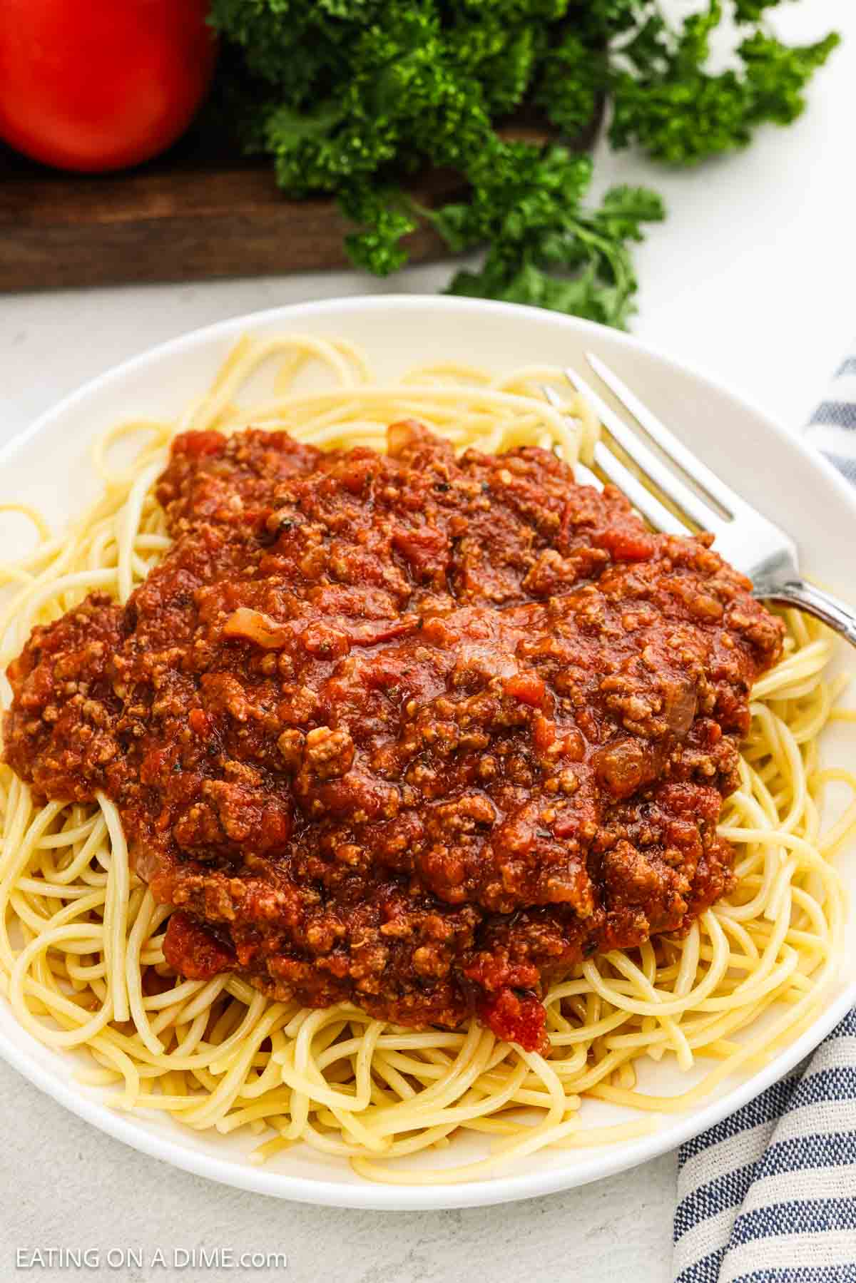 Meat sauce on a plate with spaghetti noodles.