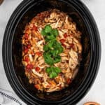 Crock pot Mexican shredded chicken with diced tomatoes, onions, and spices in a black slow cooker, topped with fresh cilantro.