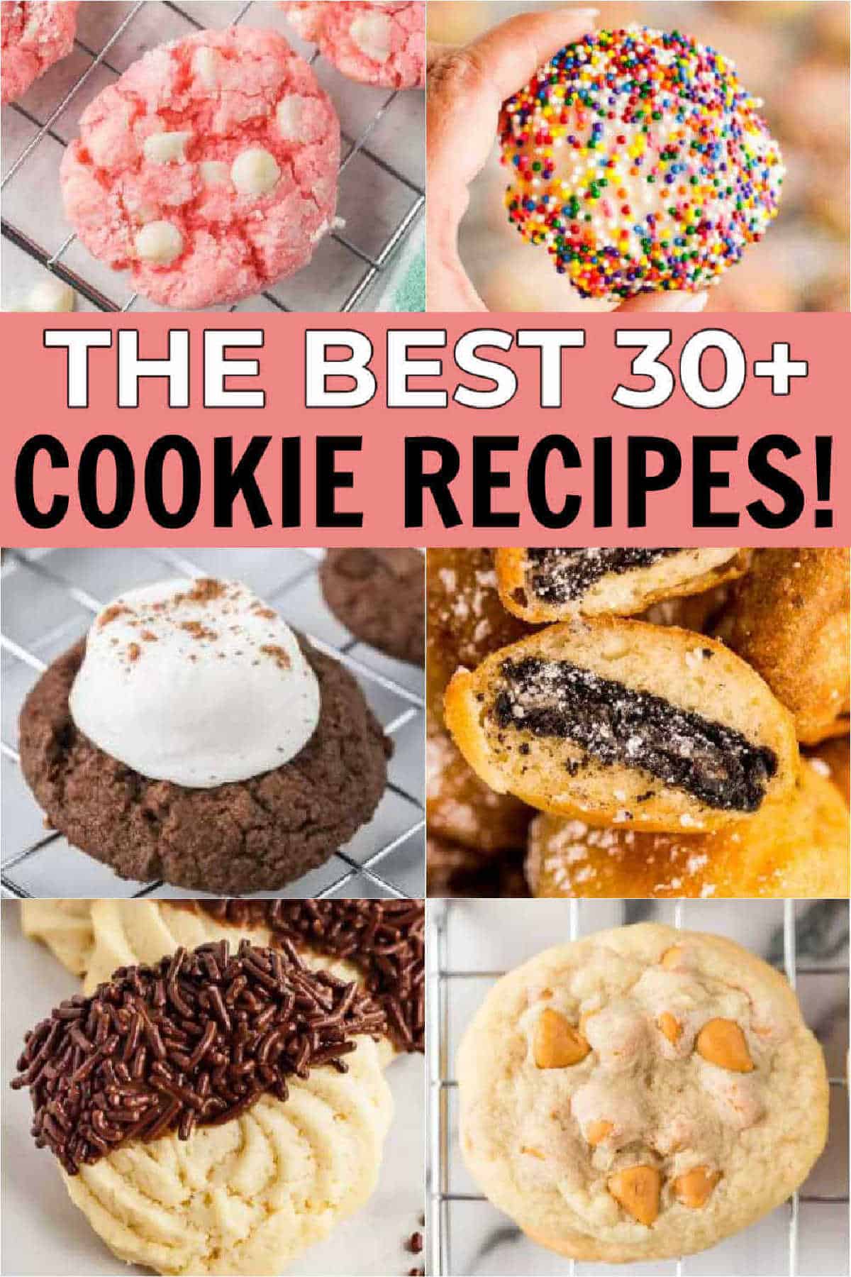 Check out all of our favorite cookie recipes.  Check out a variety of cookies including chocolate, strawberry, chocolate chips and peanut butter.  These cookie recipes are perfect for the holidays and for Christmas.  Everyone will love these cookie recipes! #eatingonadime #cookierecipes #dessertrecipes 
