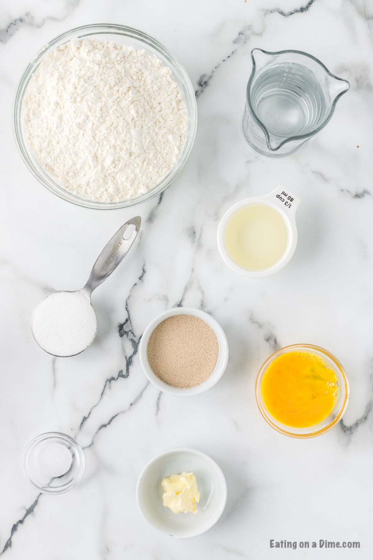 ingredients for recipe: flour water, oil, yeast, butter, sugar.