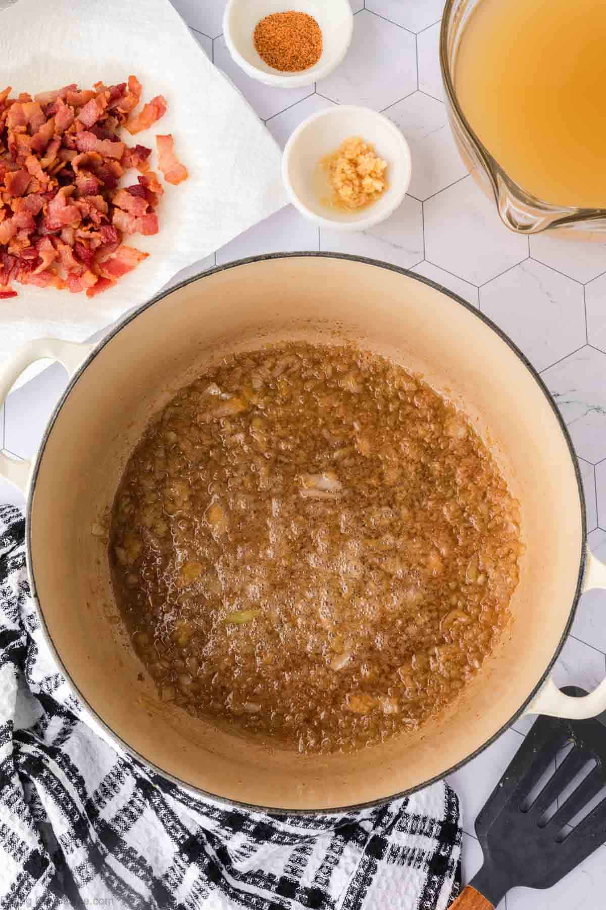 Cooking onions in the large pot