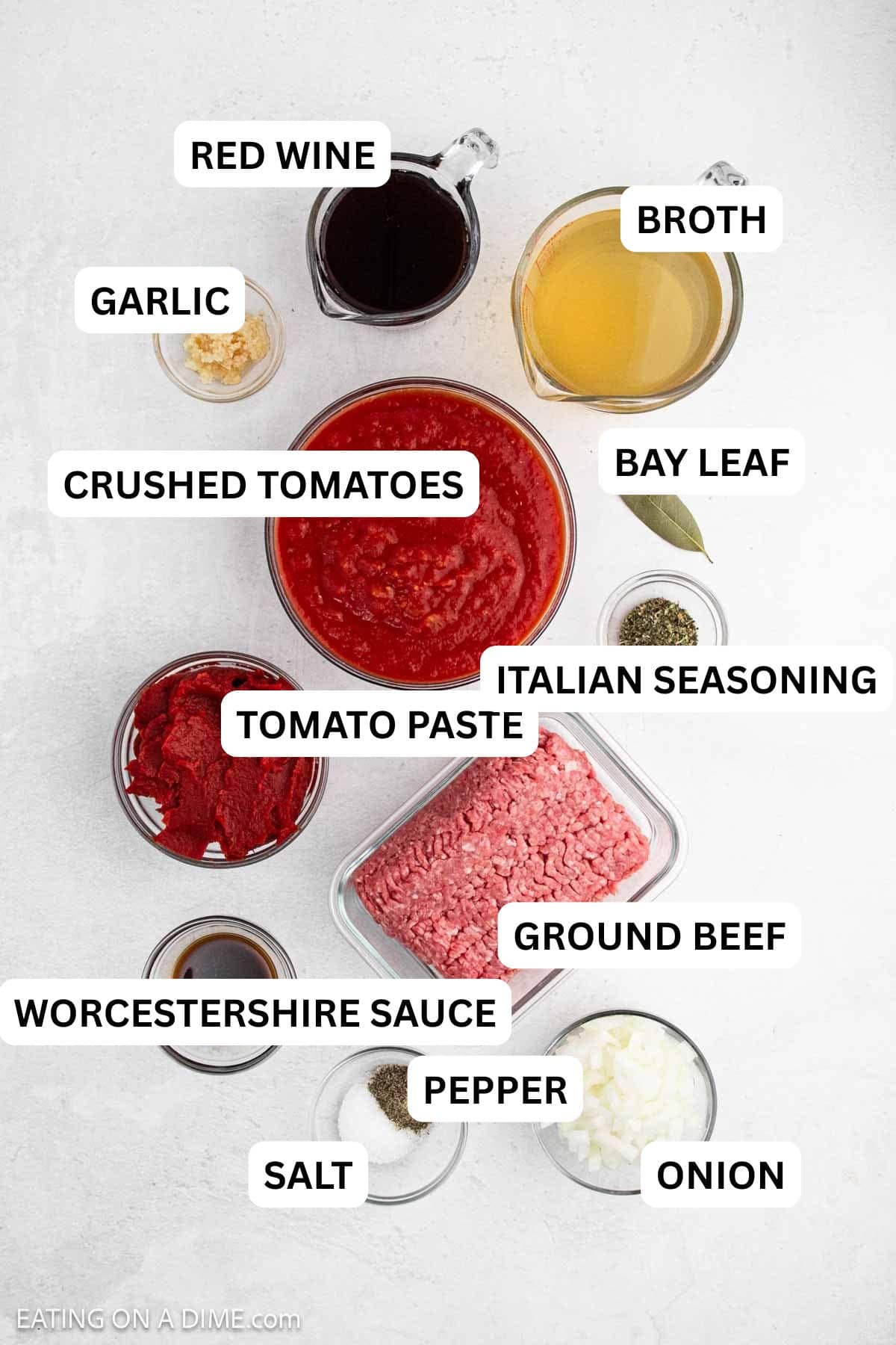 Ingredients needed for this recipe includes beef, onion, crushed tomatoes, tomato paste, worcestershire sauce, Italian seasoning, garlic, and more.