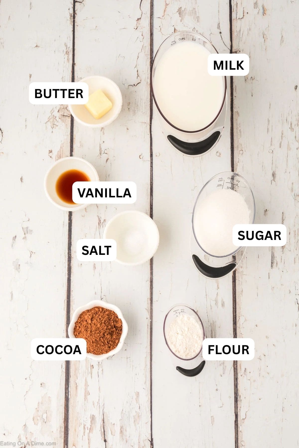 The ingredients include cocoa powder, flour, sugar, salt, milk, butter and vanilla extract.