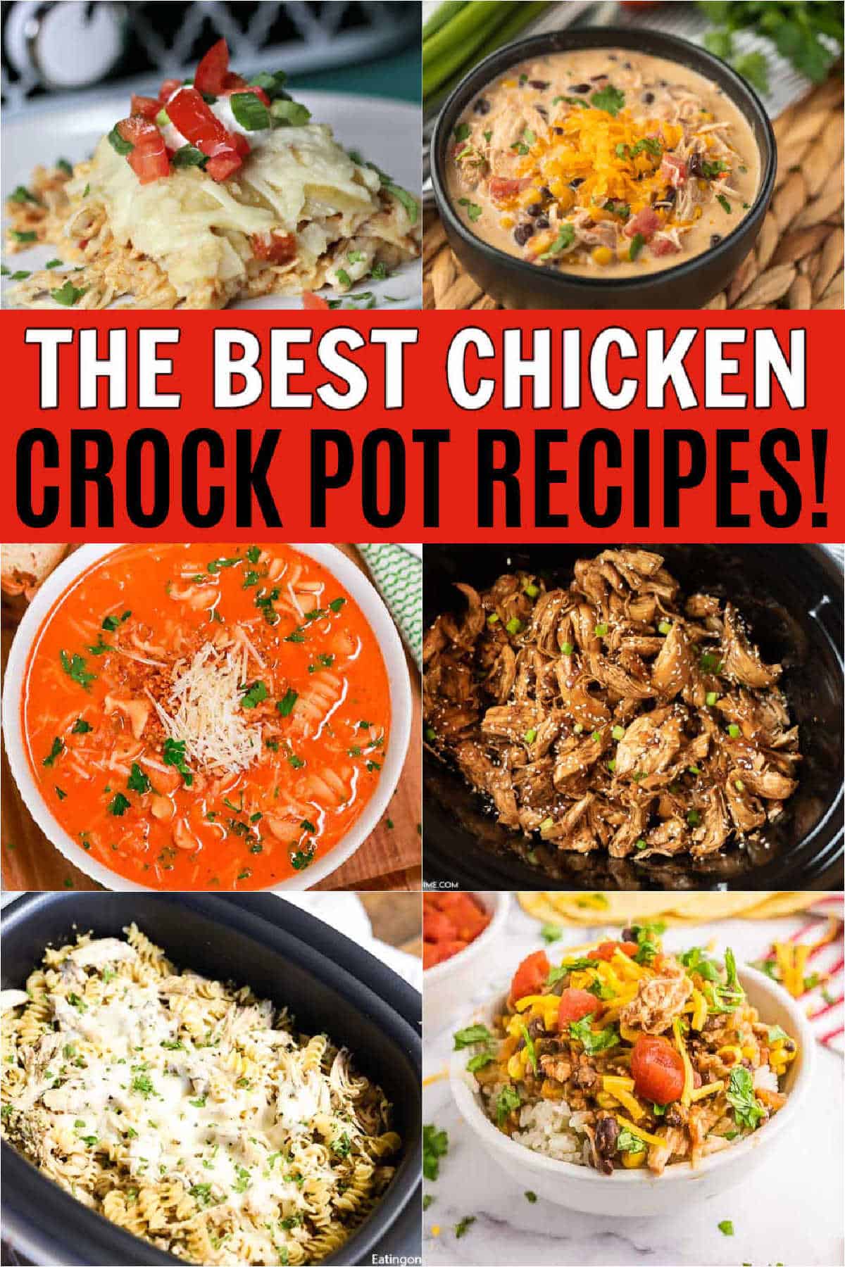Slow Cooker chicken recipes will make dinner time easy and delicious. From soups and casseroles to Mexican food and more, try easy crock pot chicken recipes that are healthy too!  #eatingonadime #crockpotrecipes #slowcookerrecipes #chickenrecipes 
